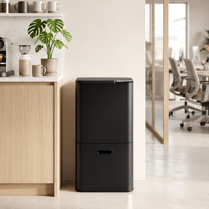 Cefito 63L Rubbish Bin 3 Compartment Carbon Steel Split Door Trash Can Black