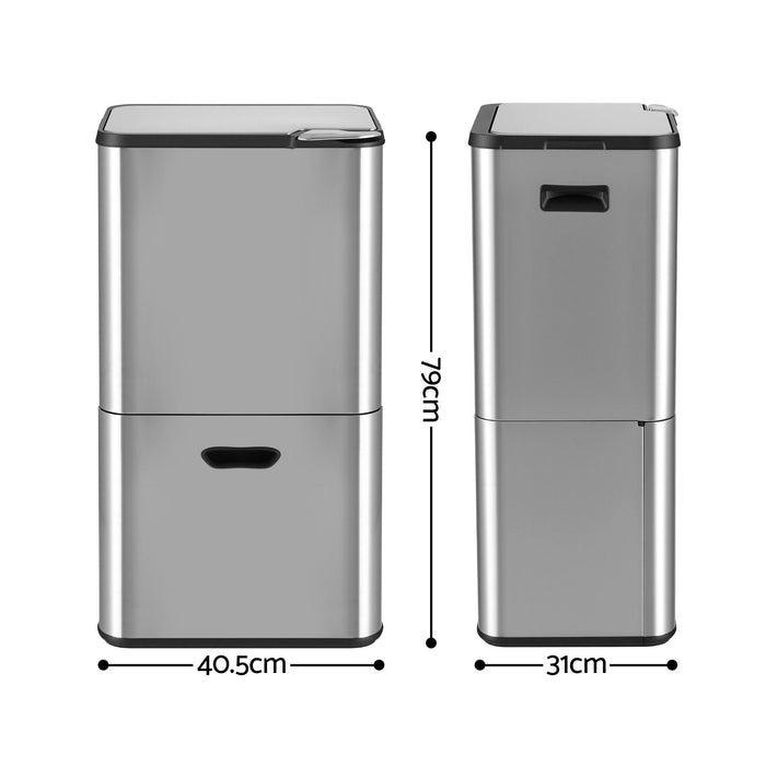 Cefito 63L Rubbish Bin 3 Compartment Stainless Steel Split Door Trash Can Silver