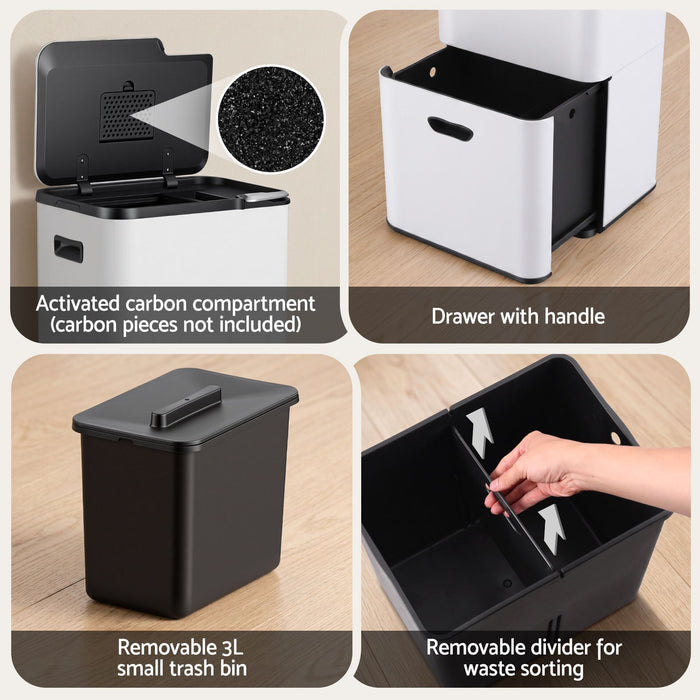 Cefito 63L Rubbish Bin 3 Compartment Carbon Steel Split Door Trash Can White