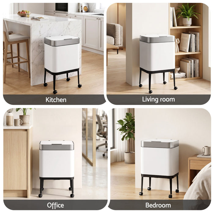 Cefito 40L Press Top Trash Can Kitchen Rubbish Bin Moblie Stainless Steel White