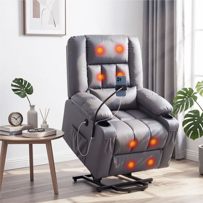 Artiss Power Lift Recliner Chair with Massage and Heat for Elderly, Electric Sofa Reclining Chair with USB and Phone Holder, PU Leather Comfy Armchair for Living Room, 2 Cup Holder & 4 Pockets, Grey