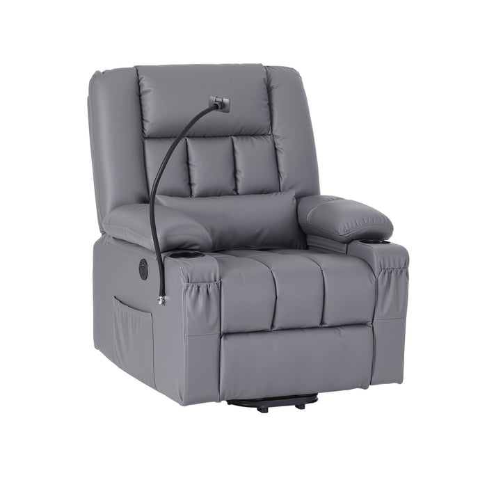 Artiss Power Lift Recliner Chair with Massage and Heat for Elderly, Electric Sofa Reclining Chair with USB and Phone Holder, PU Leather Comfy Armchair for Living Room, 2 Cup Holder & 4 Pockets, Grey