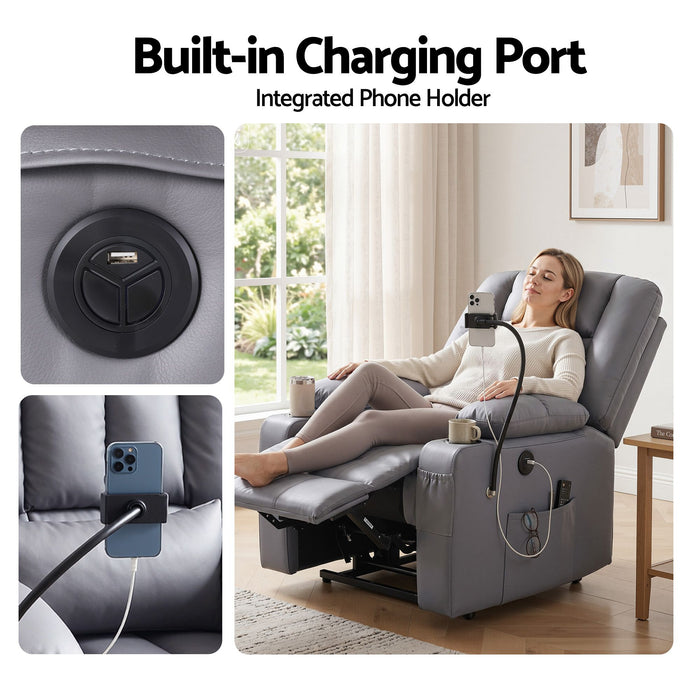 Artiss Power Lift Recliner Chair with Massage and Heat for Elderly, Electric Sofa Reclining Chair with USB and Phone Holder, PU Leather Comfy Armchair for Living Room, 2 Cup Holder & 4 Pockets, Grey