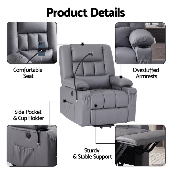 Artiss Power Lift Recliner Chair with Massage and Heat for Elderly, Electric Sofa Reclining Chair with USB and Phone Holder, PU Leather Comfy Armchair for Living Room, 2 Cup Holder & 4 Pockets, Grey