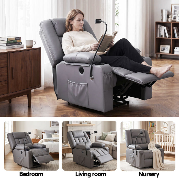 Artiss Power Lift Recliner Chair with Massage and Heat for Elderly, Electric Sofa Reclining Chair with USB and Phone Holder, PU Leather Comfy Armchair for Living Room, 2 Cup Holder & 4 Pockets, Grey