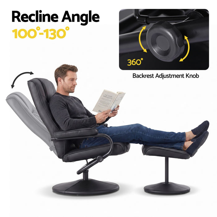 Artiss Recliner with Ottoman 360-Degree Swivel Recliner Chair and Ottoman Set PU Leather Black