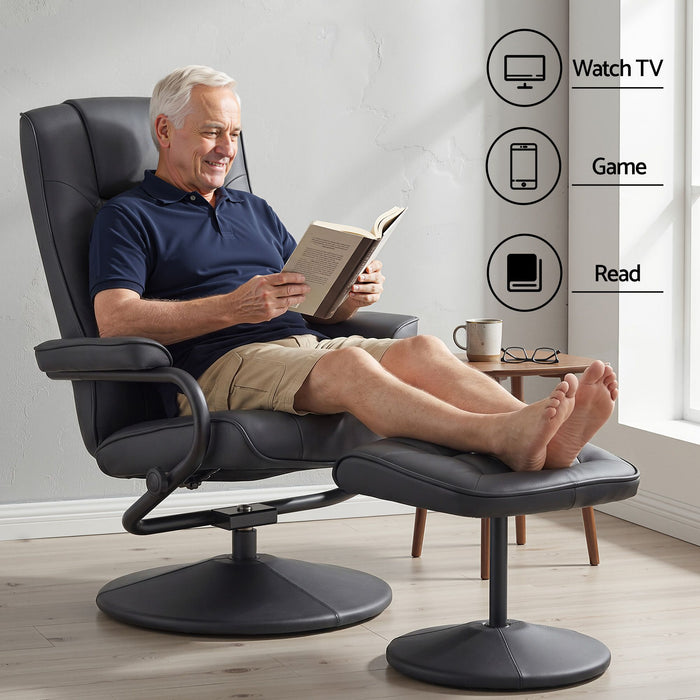 Artiss Recliner with Ottoman 360-Degree Swivel Recliner Chair and Ottoman Set PU Leather Black