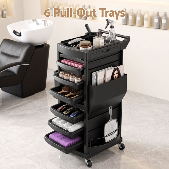 Embellir Salon Trolley 2 Lockable Doors 6 Tier Trays Mobile Hair Cart Black
