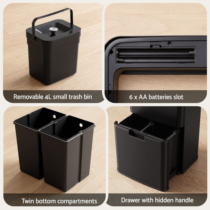 Devanti 72L Sensor Bin Rubbish Bins 4-in-1 Compartment Stainless Steel Trash Can Black