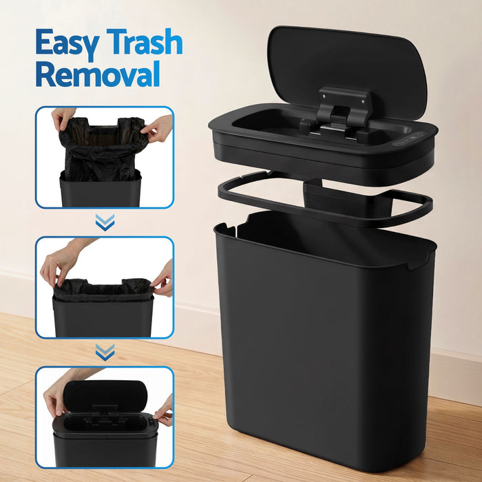 Devanti Automatic Trash Bin with Lid 11L Motion Sensor Kitchen Bin Touchless Garbage Can Modern Black Plastic Slim Rubbish Bin with Liner Holder for Kitchen, Home, Office