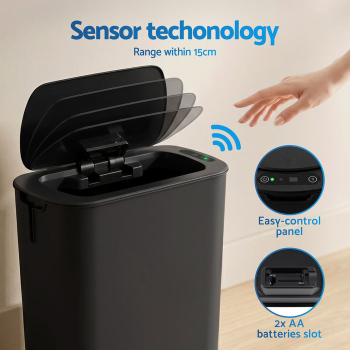 Devanti Automatic Trash Bin 2PCS with Lid 11L Motion Sensor Kitchen Bin Touchless Garbage Can Modern Black Plastic Slim Rubbish Bin with Liner Holder for Kitchen, Home, Office