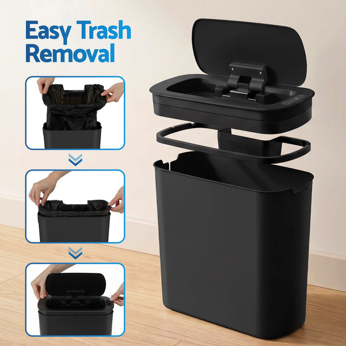 Devanti Automatic Trash Bin 2PCS with Lid 11L Motion Sensor Kitchen Bin Touchless Garbage Can Modern Black Plastic Slim Rubbish Bin with Liner Holder for Kitchen, Home, Office