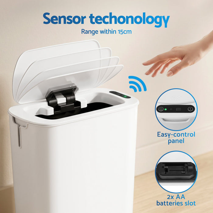 Devanti Automatic Trash Bin 2PCS with Lid 11L Motion Sensor Kitchen Bin Touchless Garbage Can Modern White Plastic Slim Rubbish Bin with Liner Holder for Kitchen, Home, Office