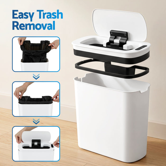 Devanti Automatic Trash Bin 2PCS with Lid 11L Motion Sensor Kitchen Bin Touchless Garbage Can Modern White Plastic Slim Rubbish Bin with Liner Holder for Kitchen, Home, Office