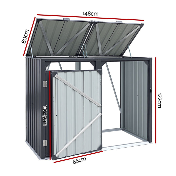 Giantz Bin Shed Double Wheelie Waste Bins Storage Steel Garden Enclosure Grey
