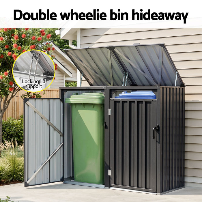 Giantz Bin Shed Double Wheelie Waste Bins Storage Steel Garden Enclosure Grey