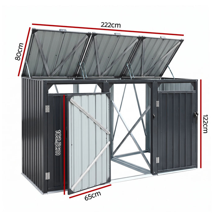 Giantz Bin Shed Triple Wheelie Waste Bins Storage Steel Garden Enclosure Grey