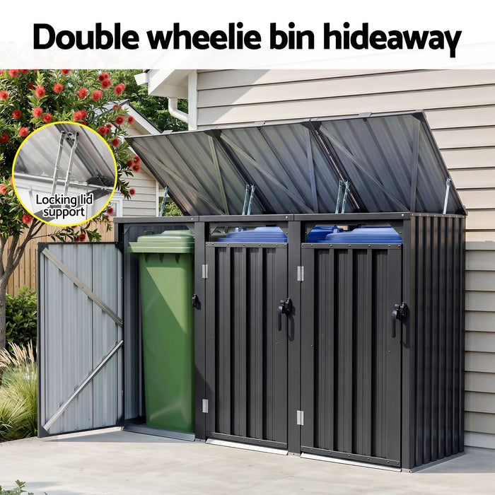 Giantz Bin Shed Triple Wheelie Waste Bins Storage Steel Garden Enclosure Grey