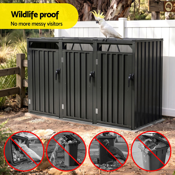 Giantz Bin Shed Triple Wheelie Waste Bins Storage Steel Garden Enclosure Grey