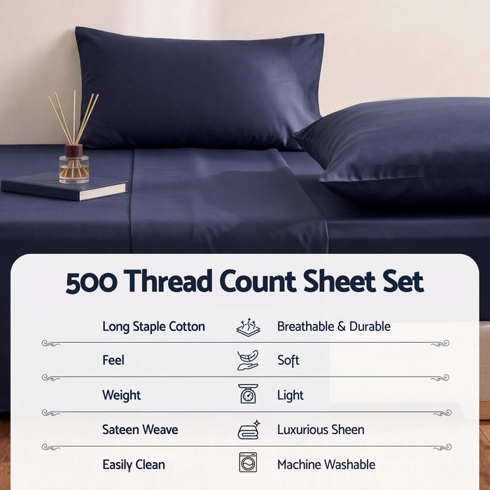 Giselle Double 500TC Cotton 4Pcs Sheet Set with 40cm Extra Deep Pocket for Thick Mattresses Sateen Weave for Sweaty Nights Navy Blue