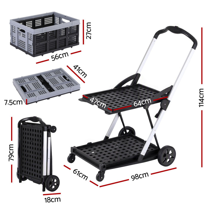 Artiss Shopping Trolley with Wheels 2 Layer w/1 Crate Foldable Trolley Grey