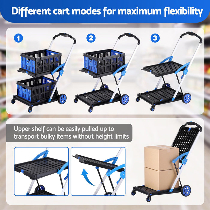 Artiss Shopping Trolley with Wheels 2 Layer w/2 Crates Foldable Trolley Blue