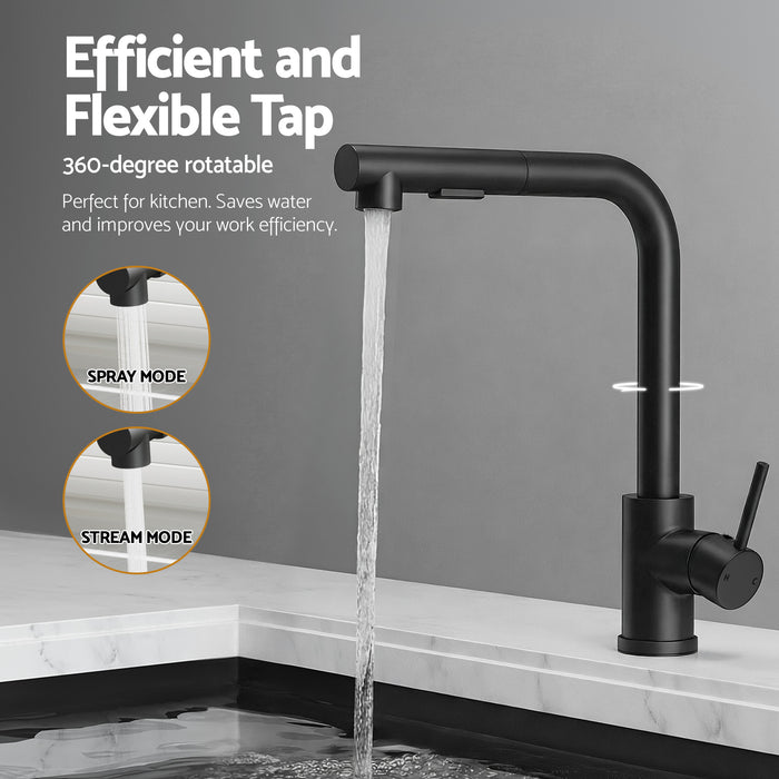 Cefito Stainless Steel Sink 44x44CM With Pull Out Mixer Tap Kitchen Basin Single Bowl Black