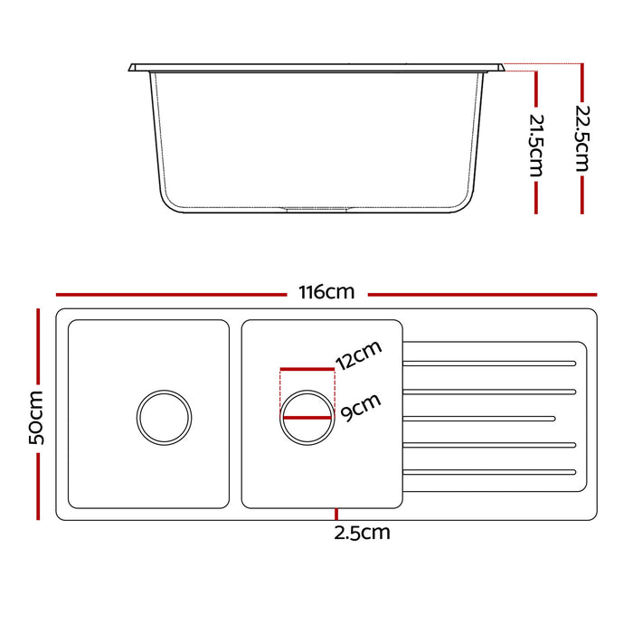 Cefito Kitchen Sink 116x50cm Granite Stone Sink Double Bowl Black