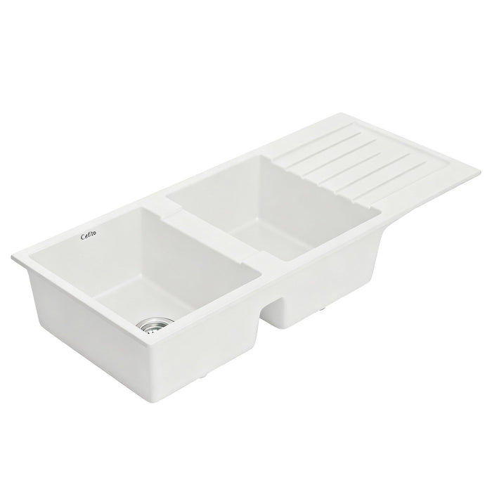 Cefito Kitchen Sink 116x50cm Granite Stone Sink Double Bowl White