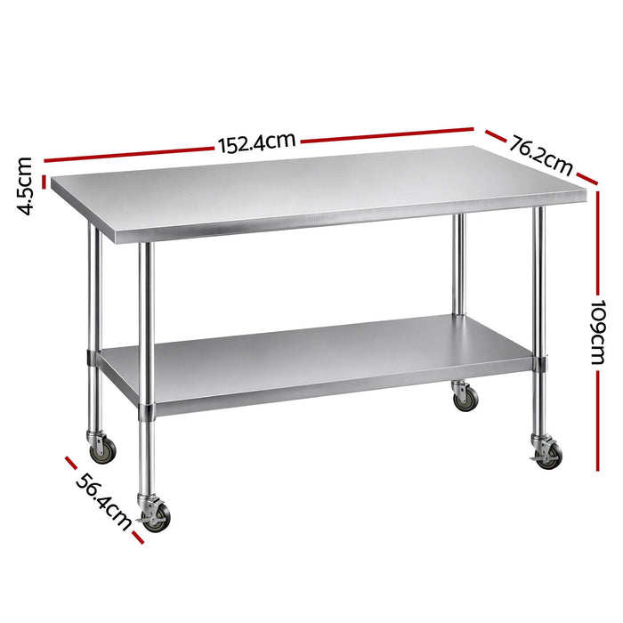 Cefito 1524x762mm Stainless Steel Kitchen Bench w/ Splashback Work Table Prep Bench Commercial 430