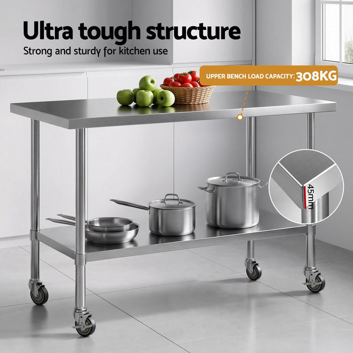 Cefito 1524x762mm Stainless Steel Kitchen Bench w/ Splashback Work Table Prep Bench Commercial 430