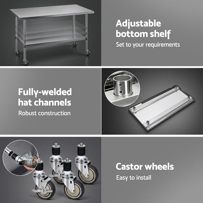 Cefito 1524x762mm Stainless Steel Kitchen Bench w/ Splashback Work Table Prep Bench Commercial 430
