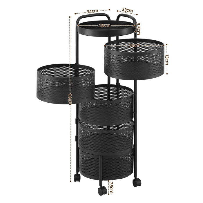 Artiss Storage Trolley Kitchen Cart 5 Tiers Storage Rack Round Basket Black