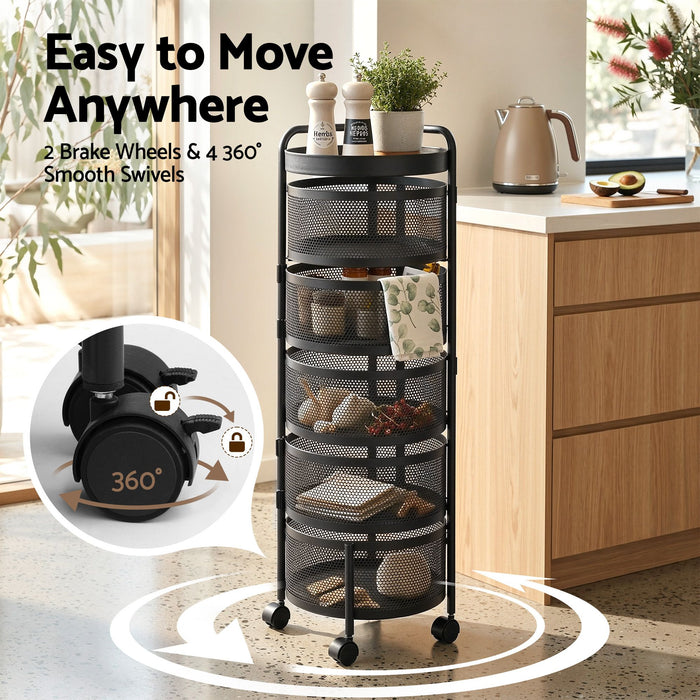 Artiss Storage Trolley Kitchen Cart 5 Tiers Storage Rack Round Basket Black