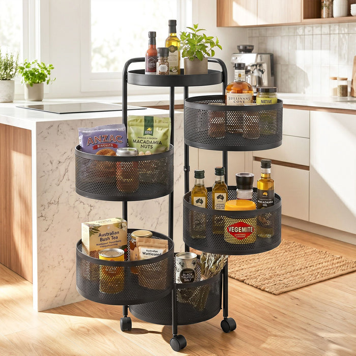 Artiss Storage Trolley Kitchen Cart 5 Tiers Storage Rack Round Basket Black