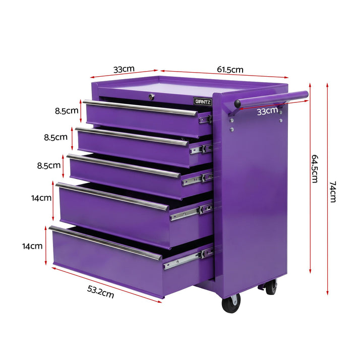Giantz 5 Drawer Tool Chest Trolley Cabinet Toolbox Heavy Duty Garage Storage Organiser Purple