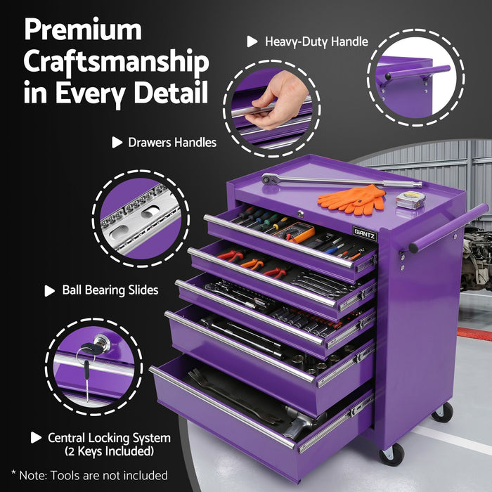 Giantz 5 Drawer Tool Chest Trolley Cabinet Toolbox Heavy Duty Garage Storage Organiser Purple