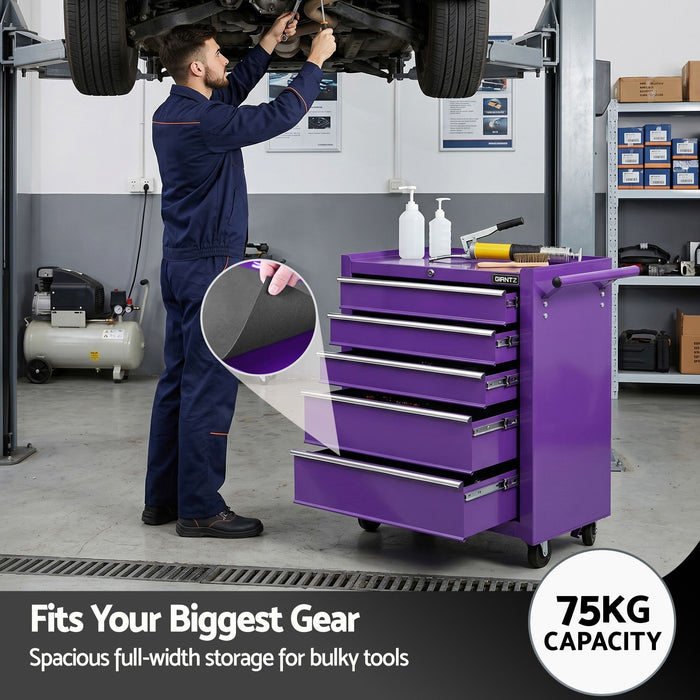 Giantz 5 Drawer Tool Chest Trolley Cabinet Toolbox Heavy Duty Garage Storage Organiser Purple