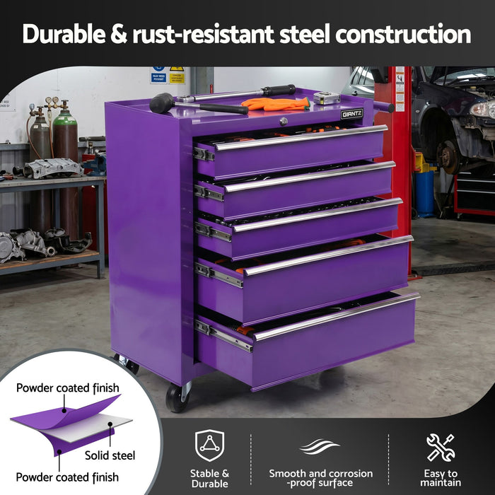 Giantz 5 Drawer Tool Chest Trolley Cabinet Toolbox Heavy Duty Garage Storage Organiser Purple