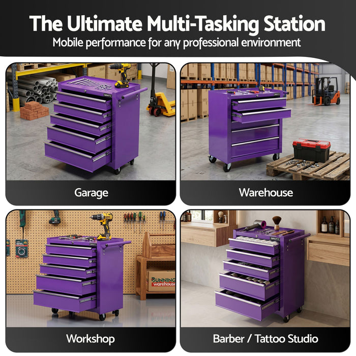 Giantz 5 Drawer Tool Chest Trolley Cabinet Toolbox Heavy Duty Garage Storage Organiser Purple