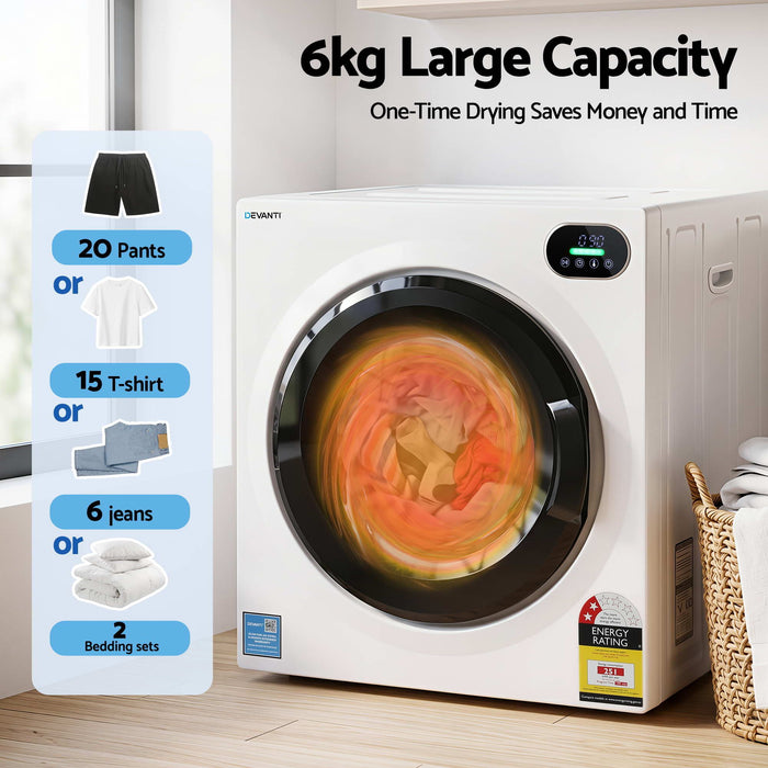 Devanti 6kg Tumble Dryer, Intelligent Touch Screen Clothes Dryer with 4 Drying Modes Stainless Steel Drum, 54x60x67.5cm