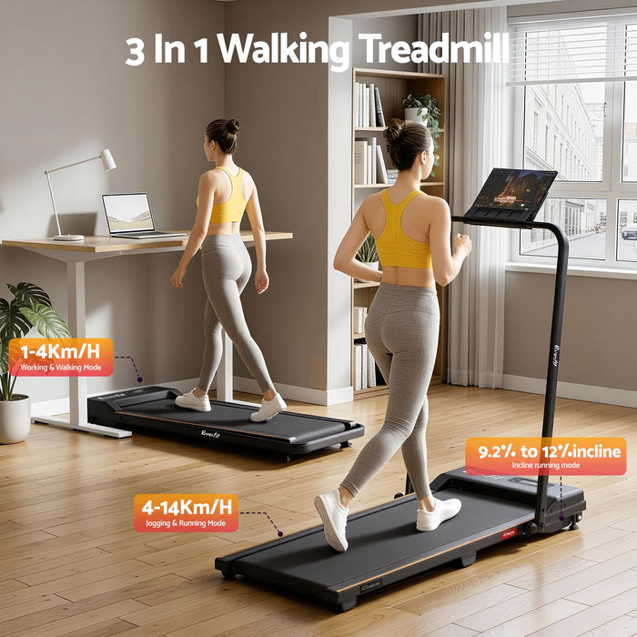 Everfit 3 in 1 Walking Pad Treadmill 12% Incline Foldable Under Desk Treadmills for Home Gym With 38cm Wide Belt Black