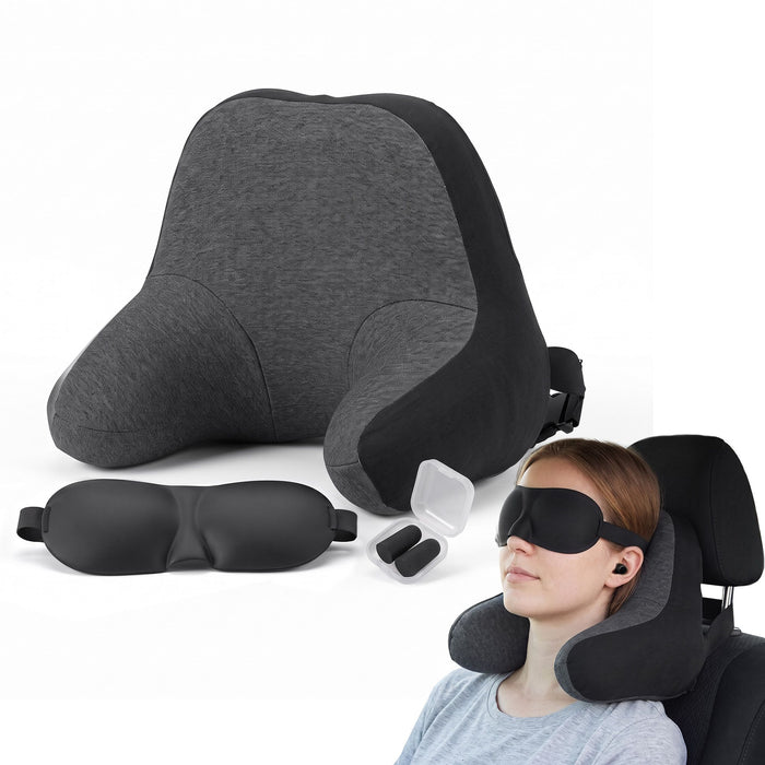 Wanderlite Travel Neck Pillow Portable for Airplane Memory Foam with Eyemask Earplugs Black