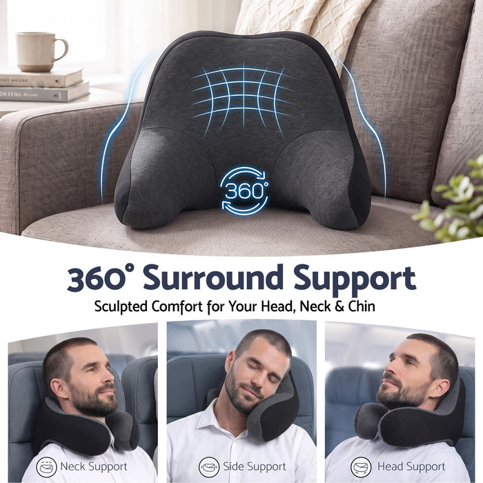 Wanderlite Travel Neck Pillow Portable for Airplane Memory Foam with Eyemask Earplugs Black