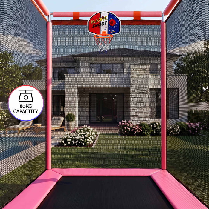 Everfit Kids 4.5FT Trampoline Rectangle Rebounder with Basketball Hoop Pink