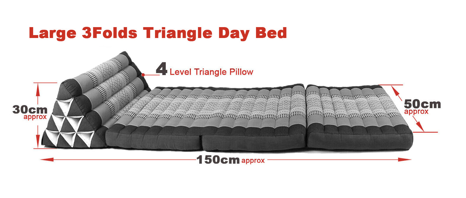 NEW GreyBlue Thai Large Triangle Pillow 3 Fold Outdoor Mattress Cushion Day Bed 3FOLDS