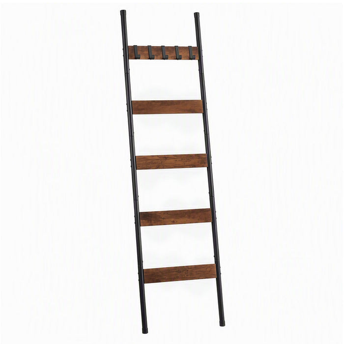 Devanti 5-Tier Blanket Ladder with Anti-Tip Kit, Towel Rack for Bathroom, Quilt Rack with 5 Hooks for Clothes and Bags, Black Metal and Rustic Wood Leaning Ladder Shelf, 44x160cm