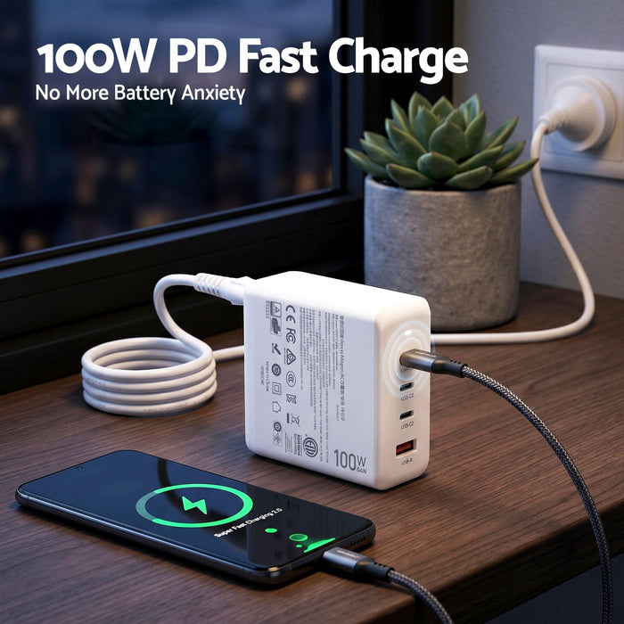 Devanti USB C Charger 100W Fast Charger 4 Port GaN Desktop Station White