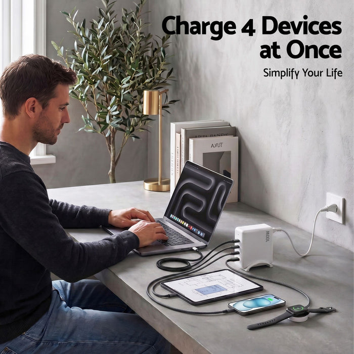 Devanti USB C Charger 100W Fast Charger 4 Port GaN Desktop Station White