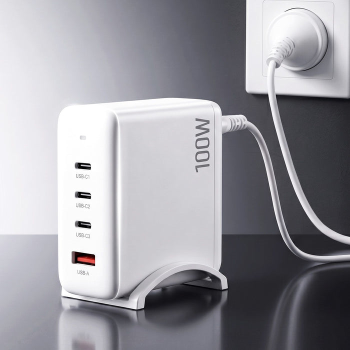 Devanti USB C Charger 100W Fast Charger 4 Port GaN Desktop Station White